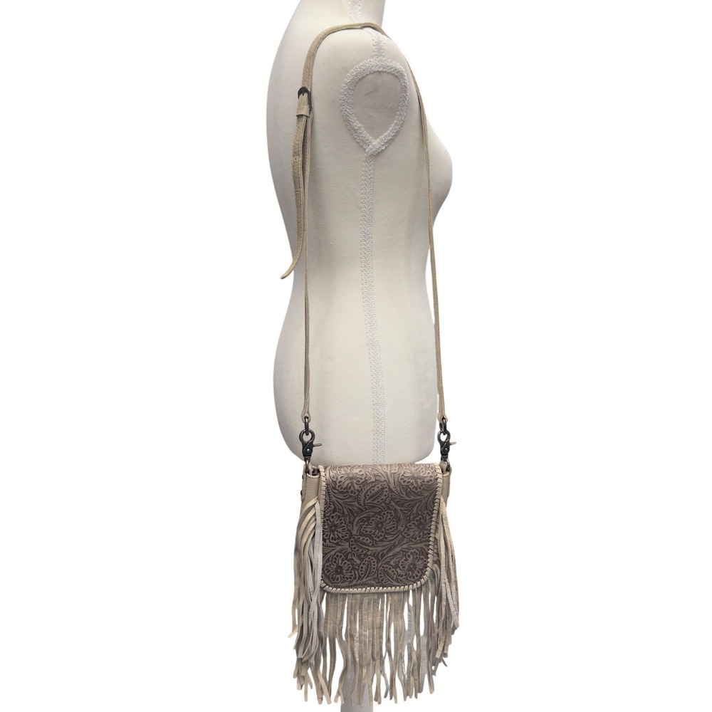 Montana West Genuine Leather Floral Embossed Fringe Crossbody Bag Beige Tan